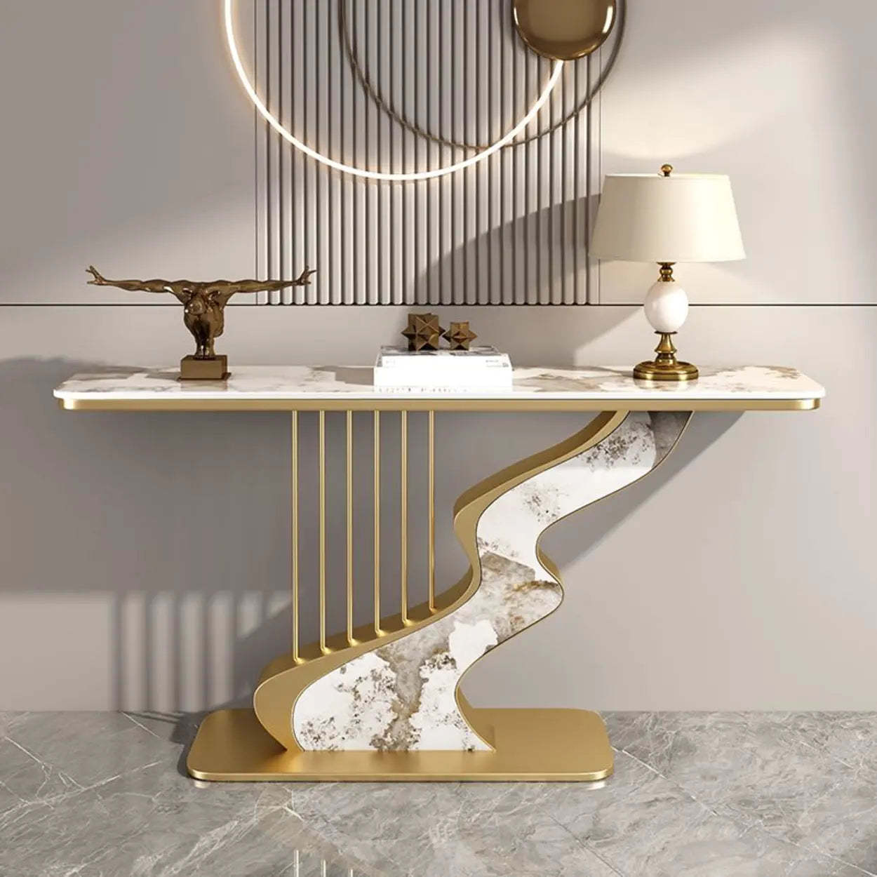 S-Curve Stone White Gold Hallway Console Table — Black / White
