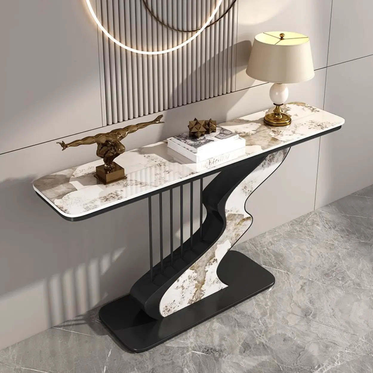 S-Curve Stone White Gold Hallway Console Table — Black / Green