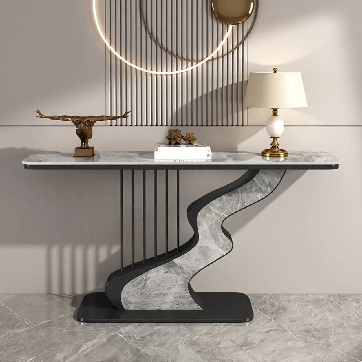 S-Curve Stone White Gold Hallway Console Table — Black / Pandora Gold/ Gray