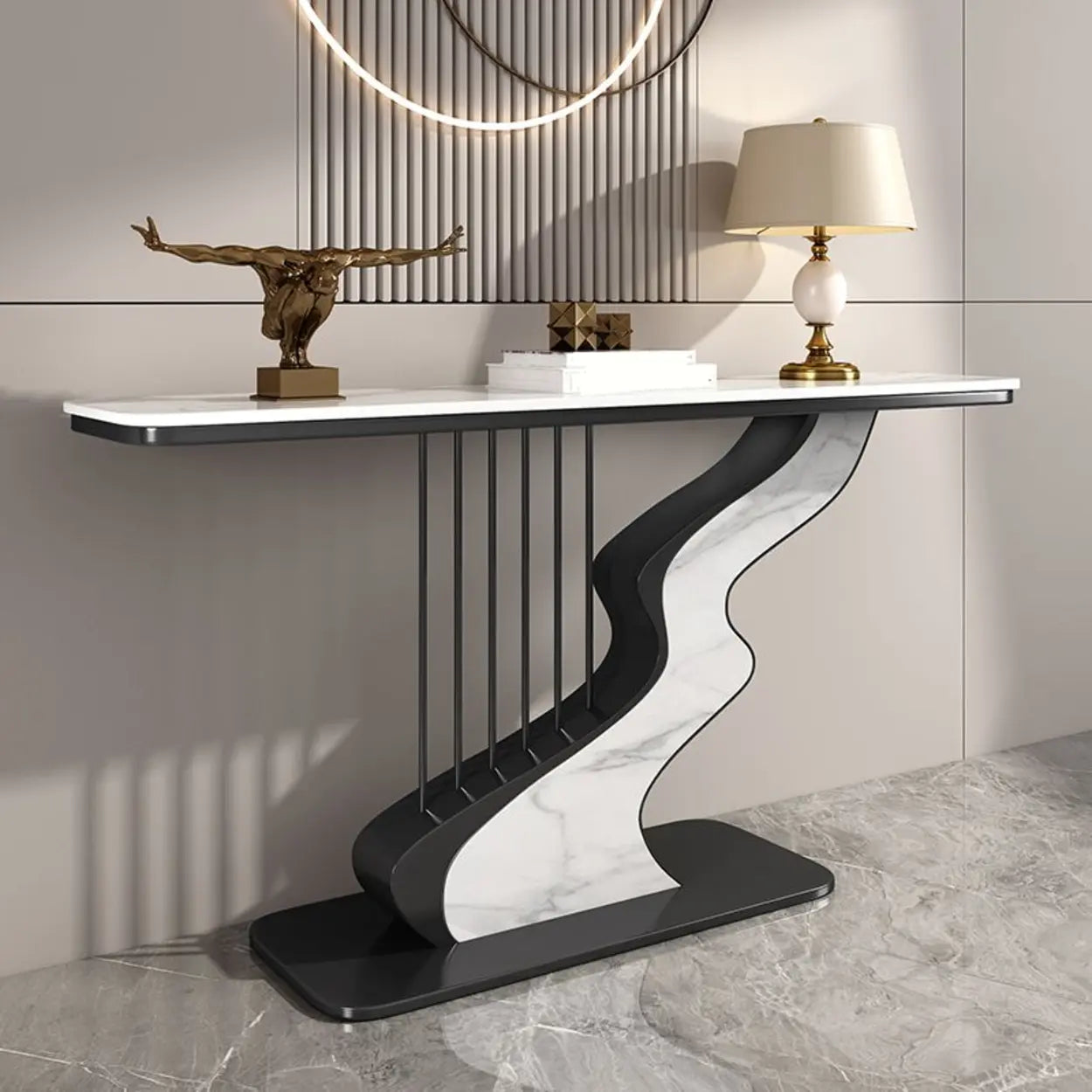 S-Curve Stone White Gold Hallway Console Table — Black / Jadeite