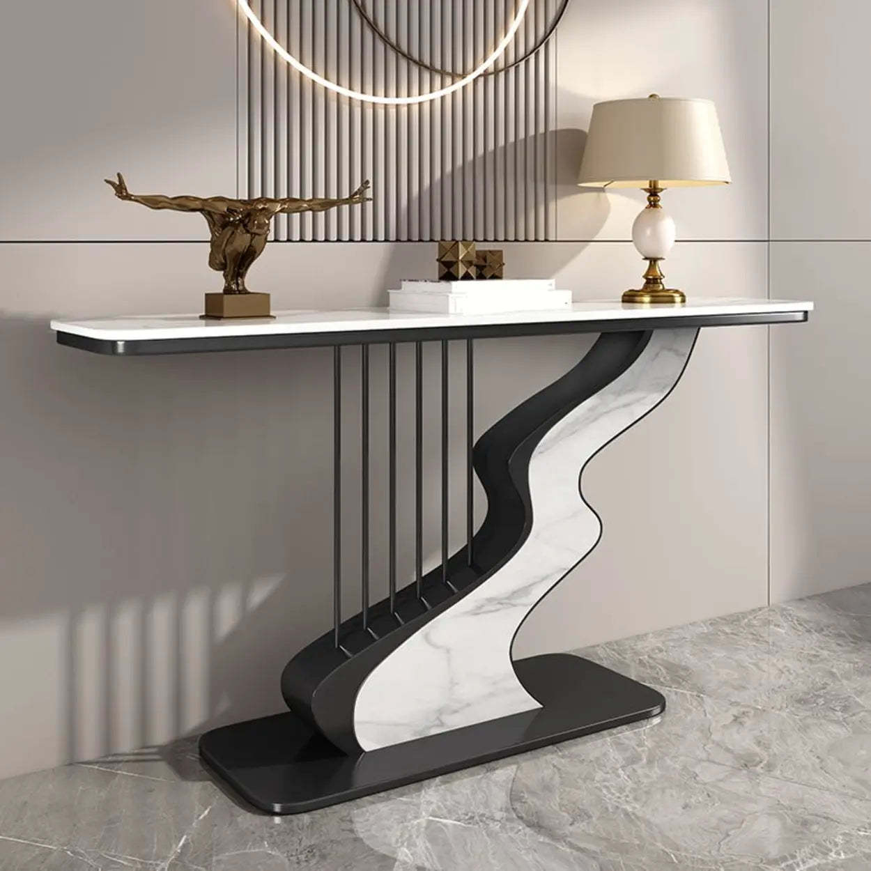 S-Curve Stone White Gold Hallway Console Table — Black / Jadeite