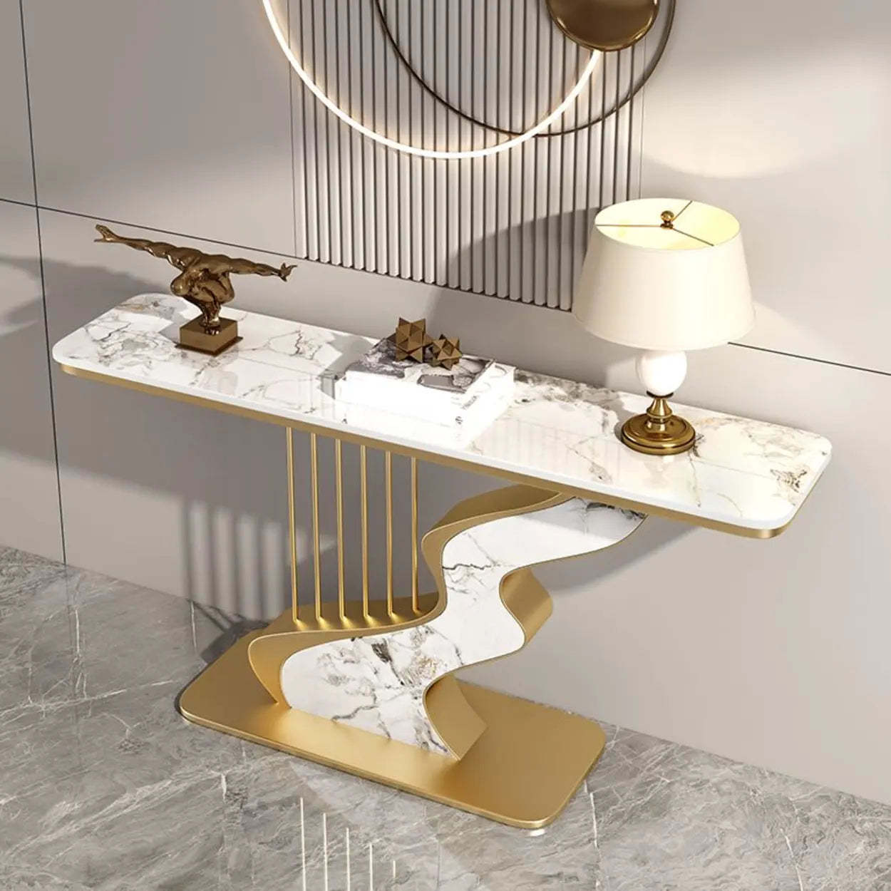 S-Curve Stone White Gold Hallway Console Table — Gold / Gray