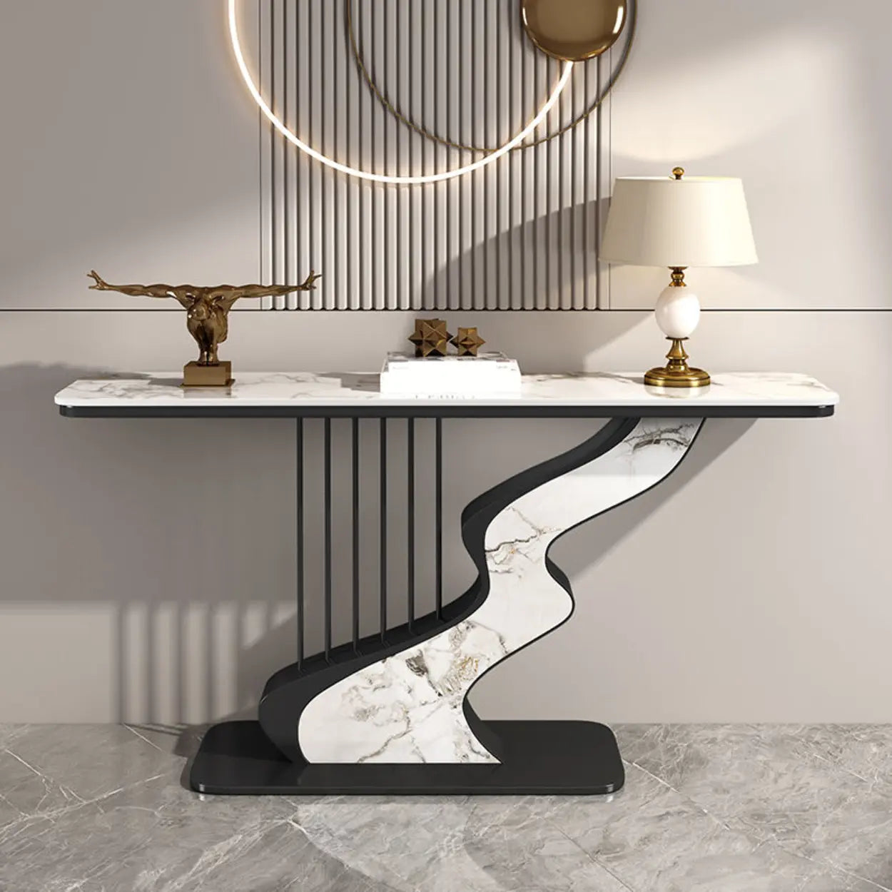 S-Curve Stone White Gold Hallway Console Table — Gold / White