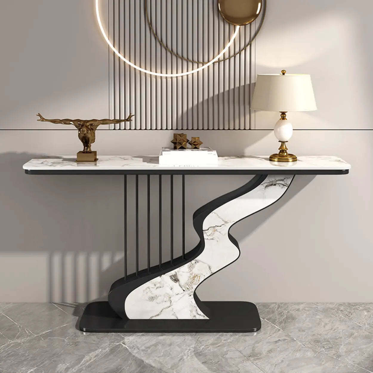 S-Curve Stone White Gold Hallway Console Table — Gold / White