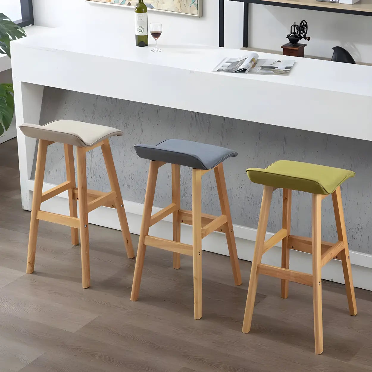 Saddle Faux Leather Low-Back Wood Bar Stool — Black / 2 Piece Set