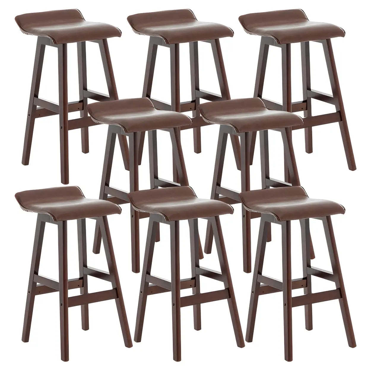 Saddle Faux Leather Low-Back Wood Bar Stool — Khaki / 8 Piece Set