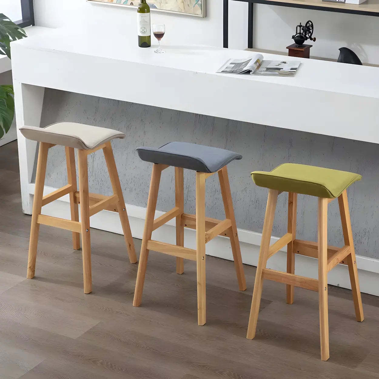 Saddle Faux Leather Low-Back Wood Bar Stool — Black / 2 Piece Set
