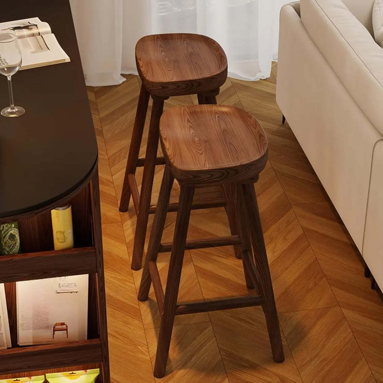 Saddle Rubberwood Backless Bar Stool with Footrest — Wood Color