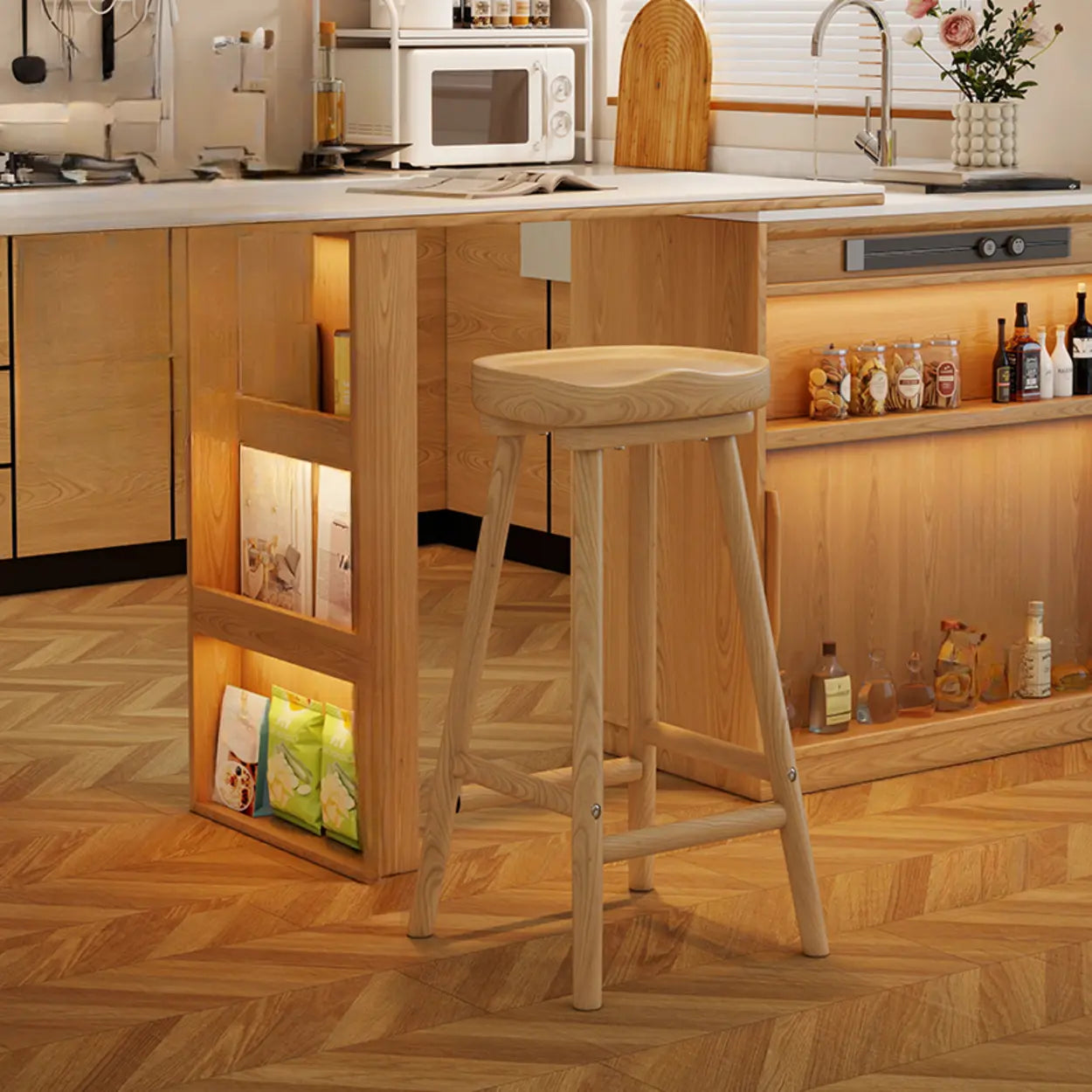 Saddle Rubberwood Backless Bar Stool with Footrest — Wood Color