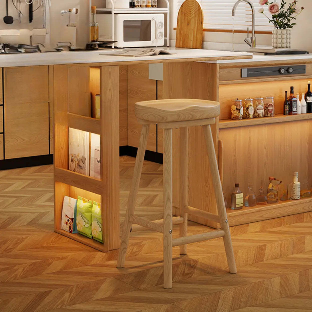 Saddle Rubberwood Backless Bar Stool with Footrest — Wood Color