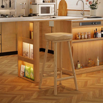Saddle Rubberwood Backless Bar Stool with Footrest — Wood Color