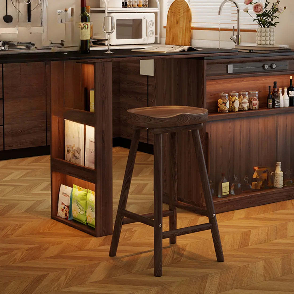 Saddle Rubberwood Backless Bar Stool with Footrest — Wood Color