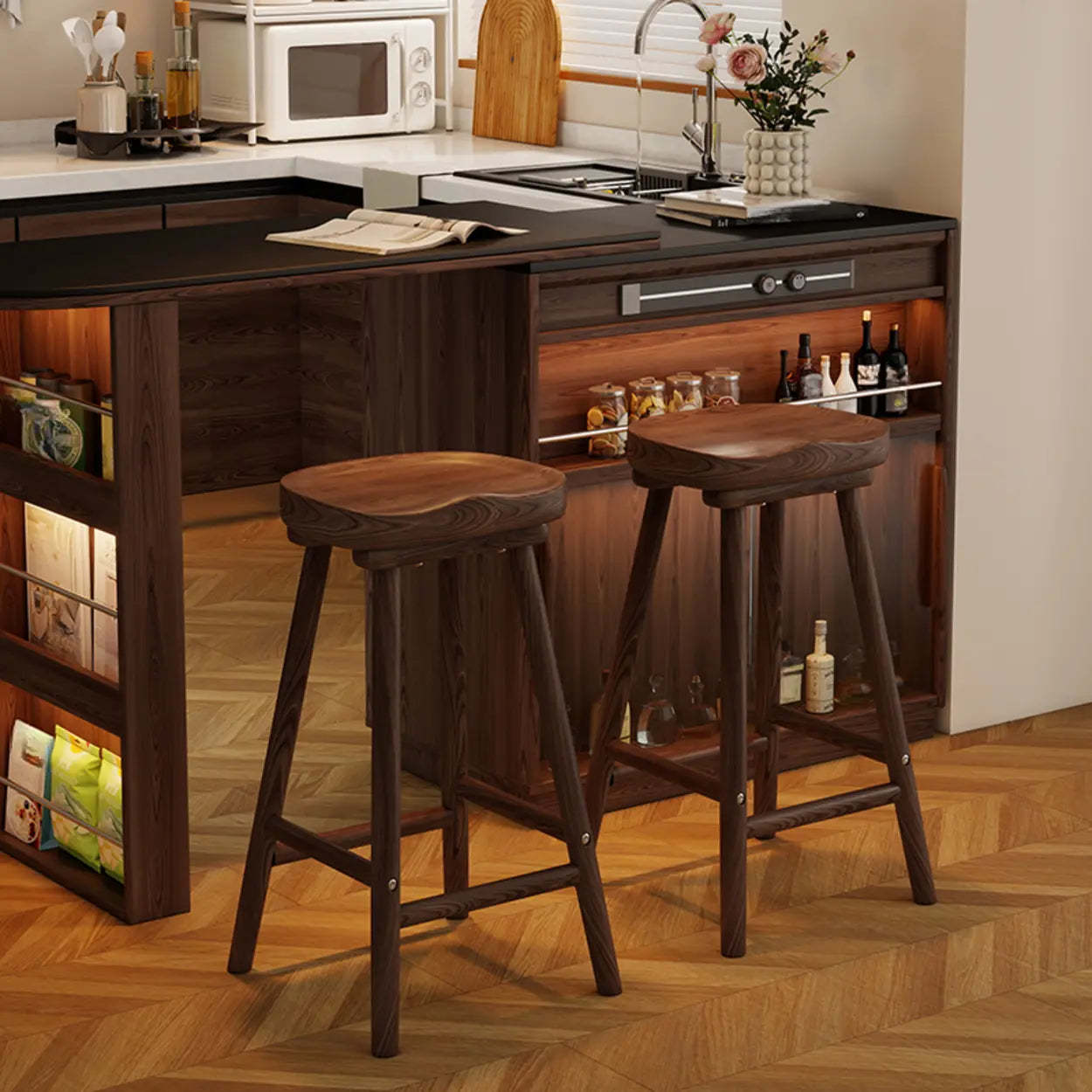 Saddle Rubberwood Backless Bar Stool with Footrest — Walnut