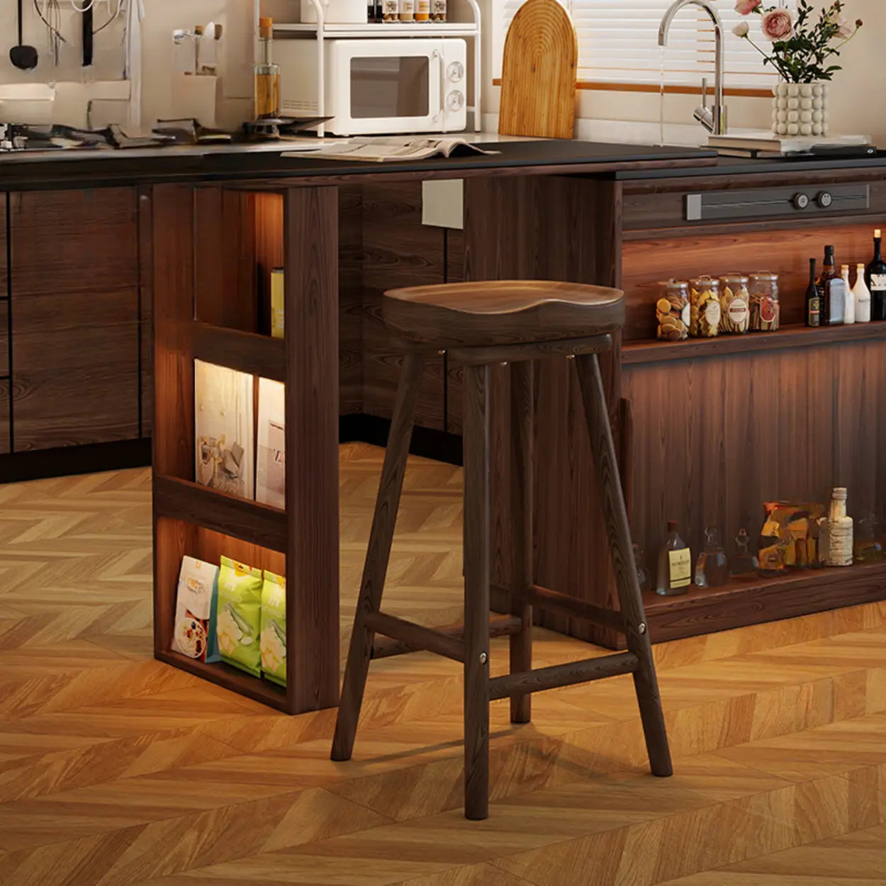 Saddle Rubberwood Backless Bar Stool with Footrest — Walnut