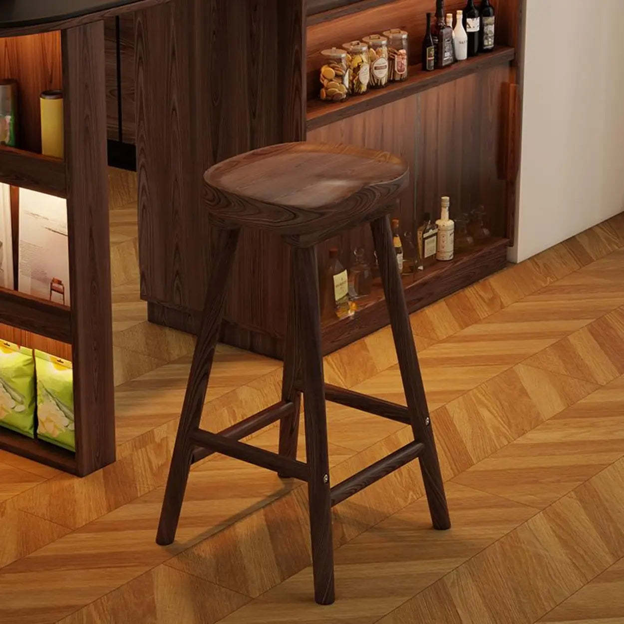 Saddle Rubberwood Backless Bar Stool with Footrest — Walnut