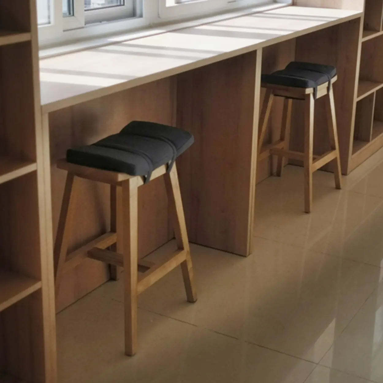 Saddle Wood Backless Short Bar Stool with Footrest — Light Walnut