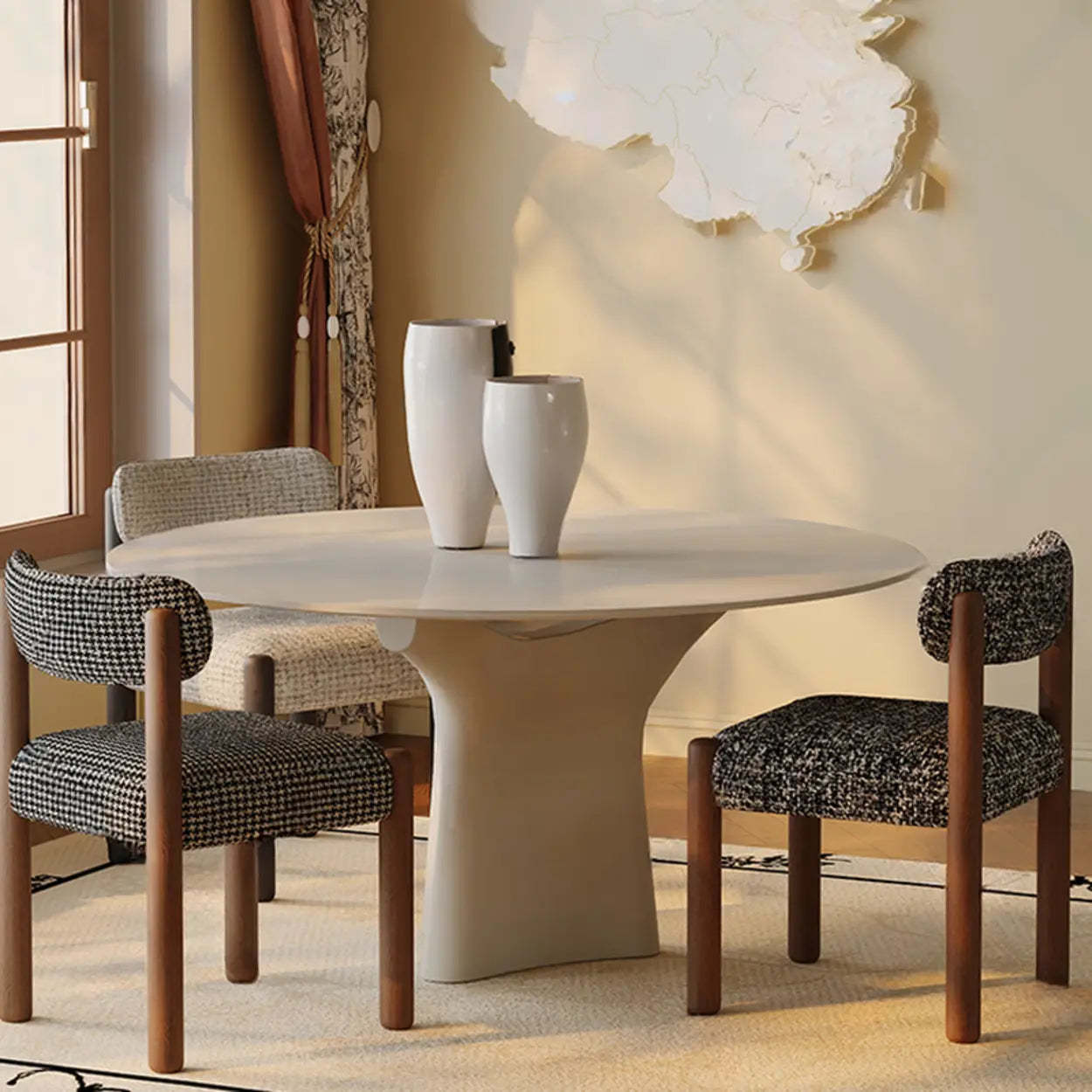Scandinavian Curved Back Upholstered Wood Dining Chair — off-white
