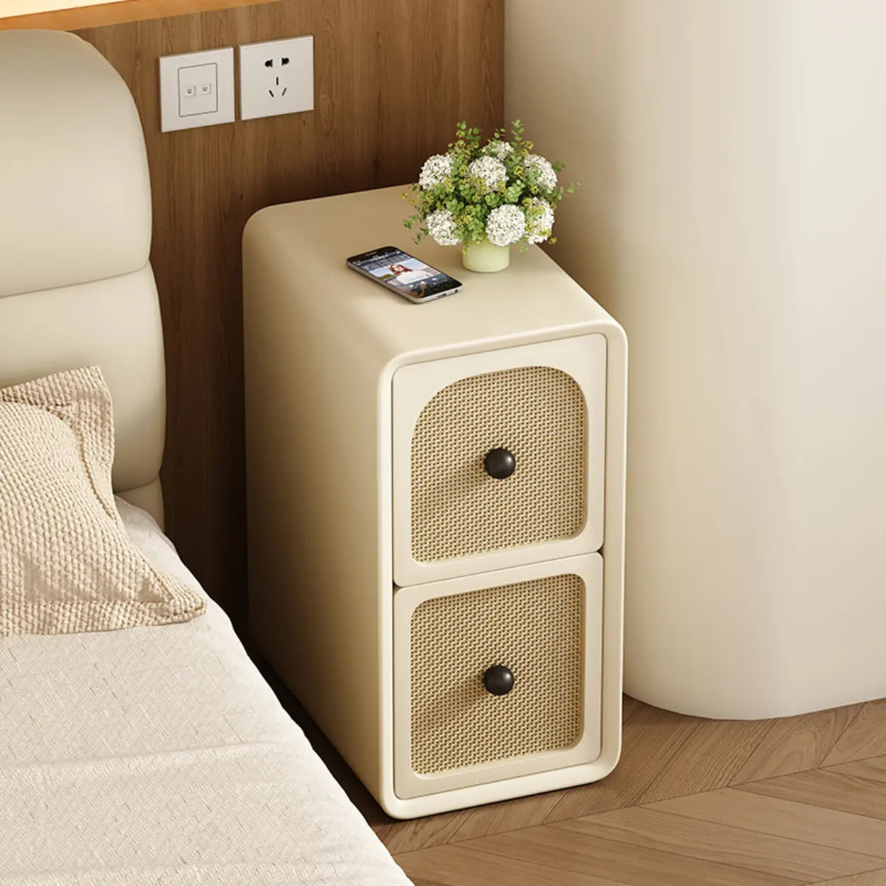 Scandinavian Cream Wood Small Nightstand