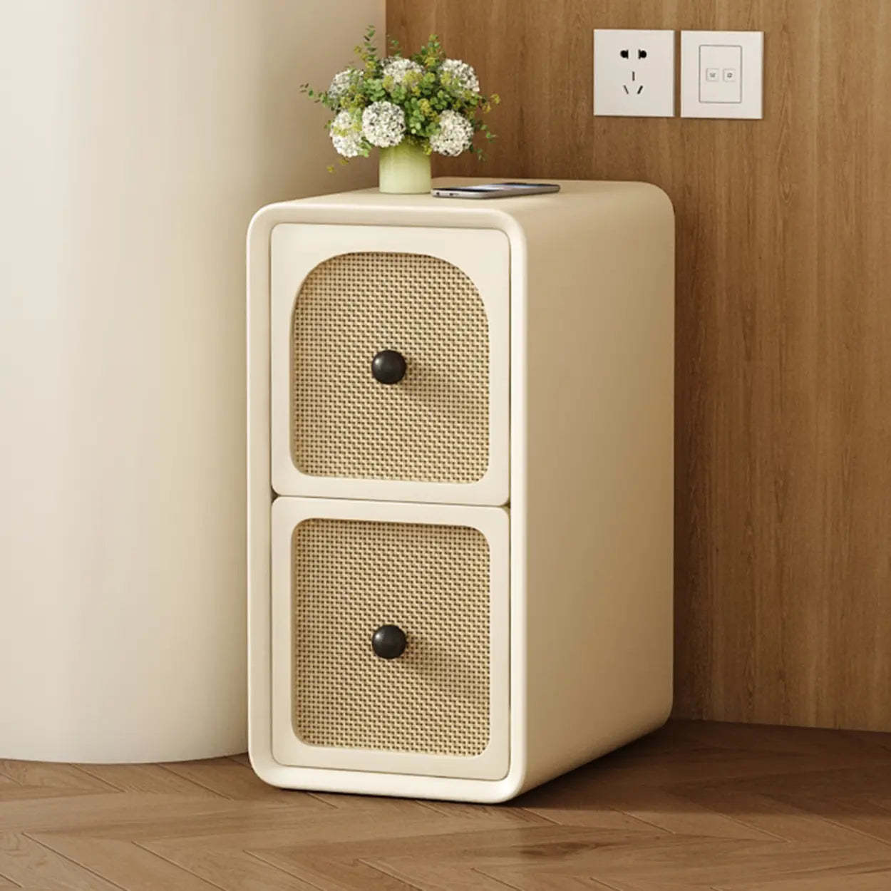 Scandinavian Cream Wood Small Nightstand — Black