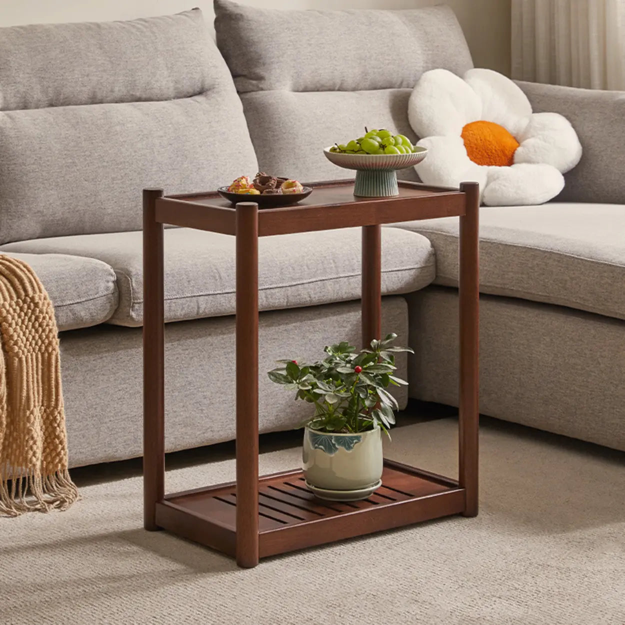 Scandinavian 2-Tier Rubberwood Swivel Chairside Table