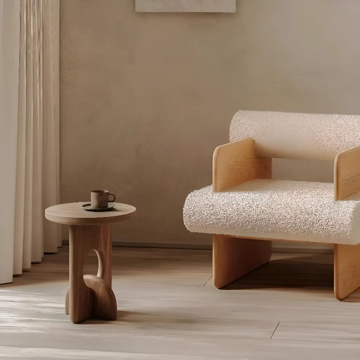 Scandinavian Abstract Base Round Wood Side Table — Natural / Pine