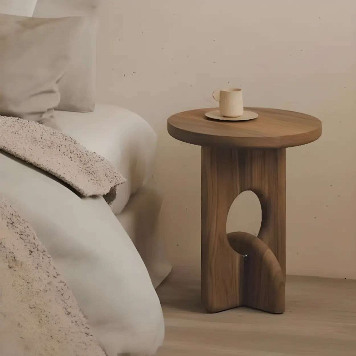 Scandinavian Abstract Base Round Wood Side Table — Black / Pine