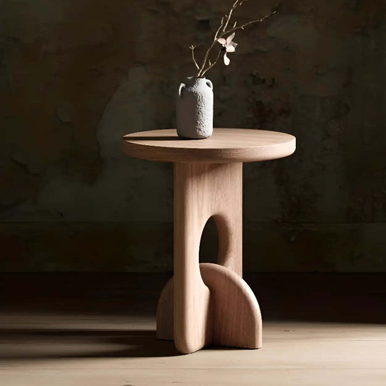 Scandinavian Abstract Base Round Wood Side Table — Natural / Pine