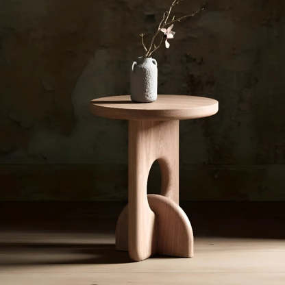 Scandinavian Abstract Base Round Wood Side Table — Natural / Pine