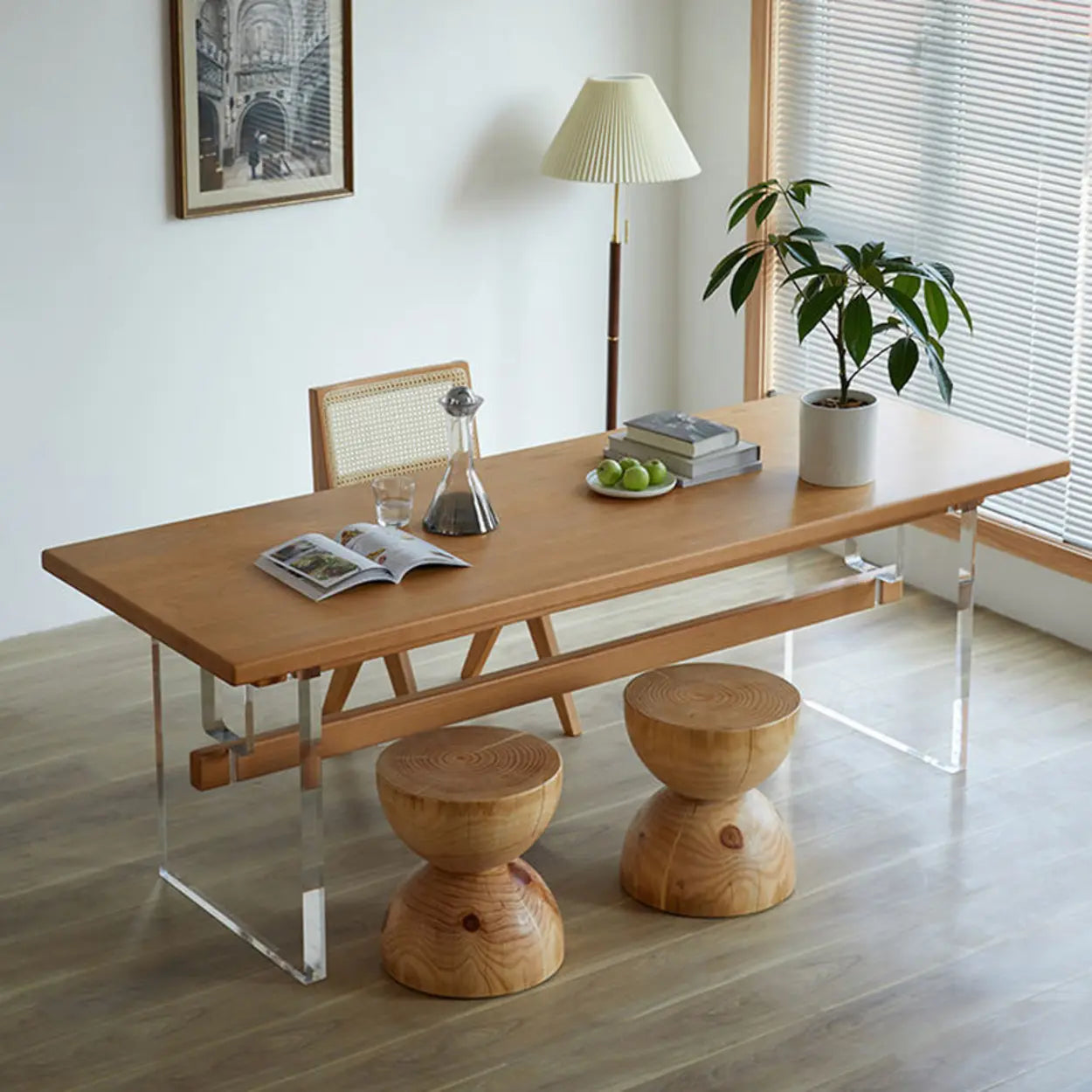 Scandinavian Acrylic Trestle Wood Dining Table