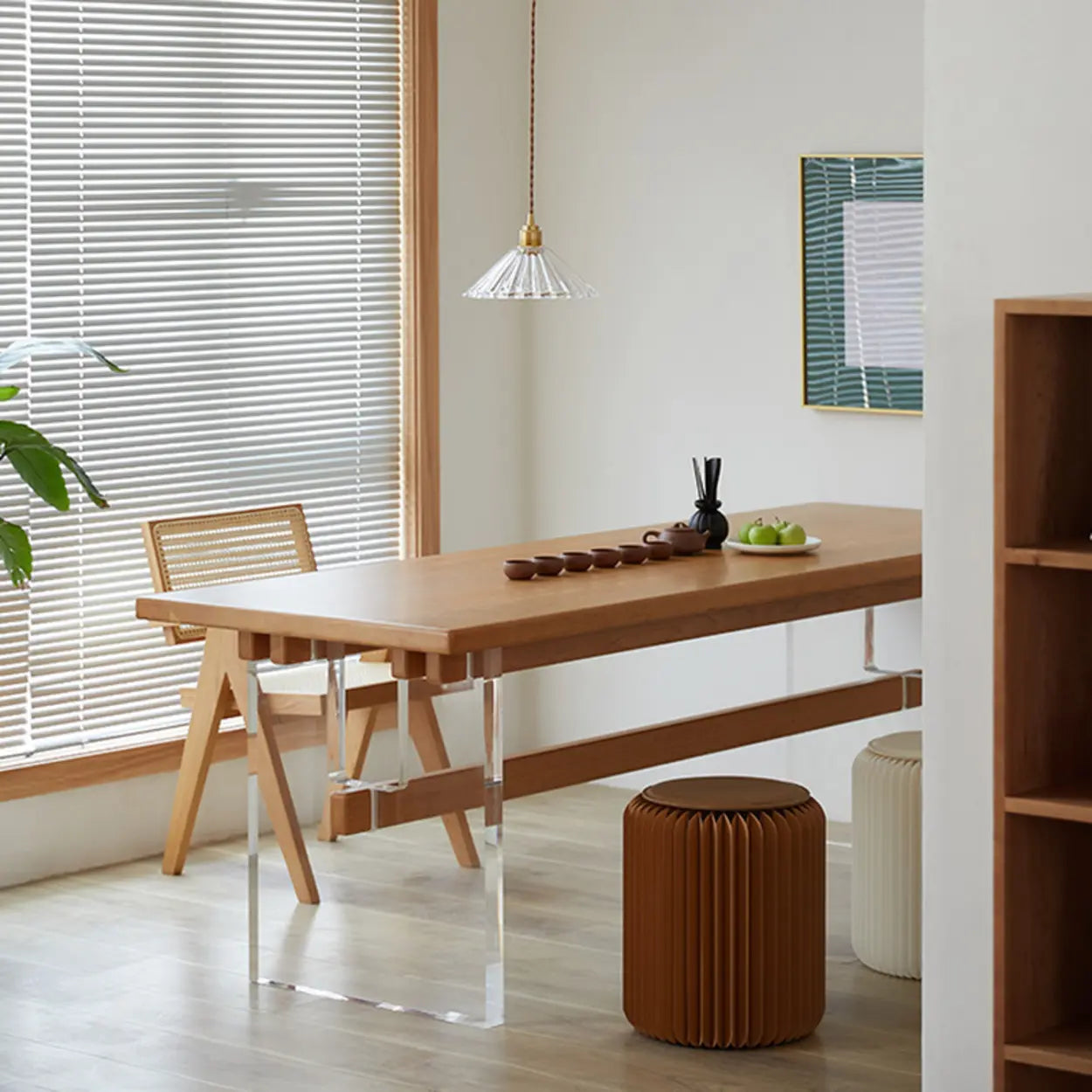 Scandinavian Acrylic Trestle Wood Dining Table — Table Only