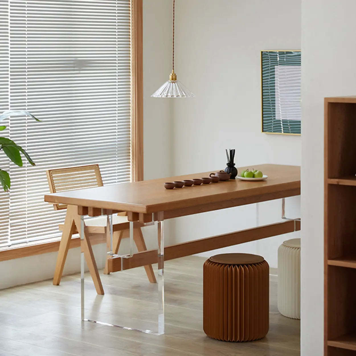 Scandinavian Acrylic Trestle Wood Dining Table — Table Only