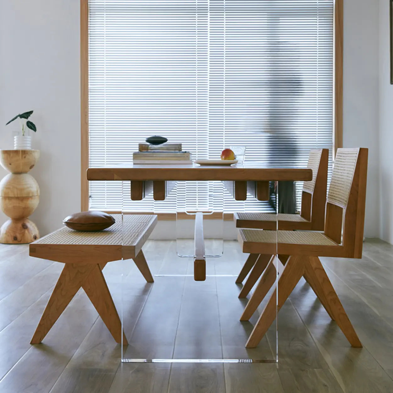 Scandinavian Acrylic Trestle Wood Dining Table — Table Only
