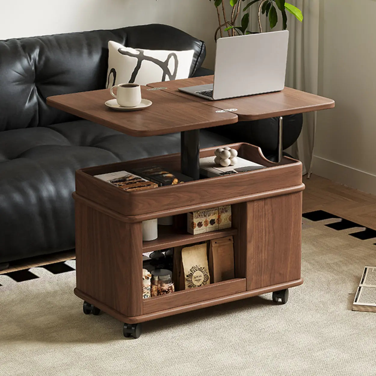 Scandinavian Adjustable Brown Wood Mobile Side Table