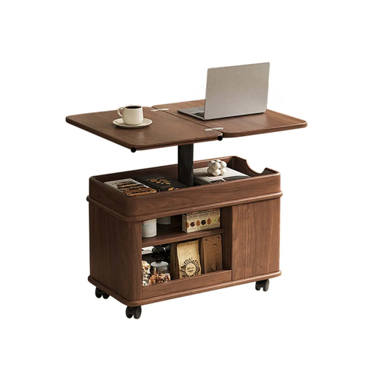 Scandinavian Adjustable Brown Wood Mobile Side Table — White