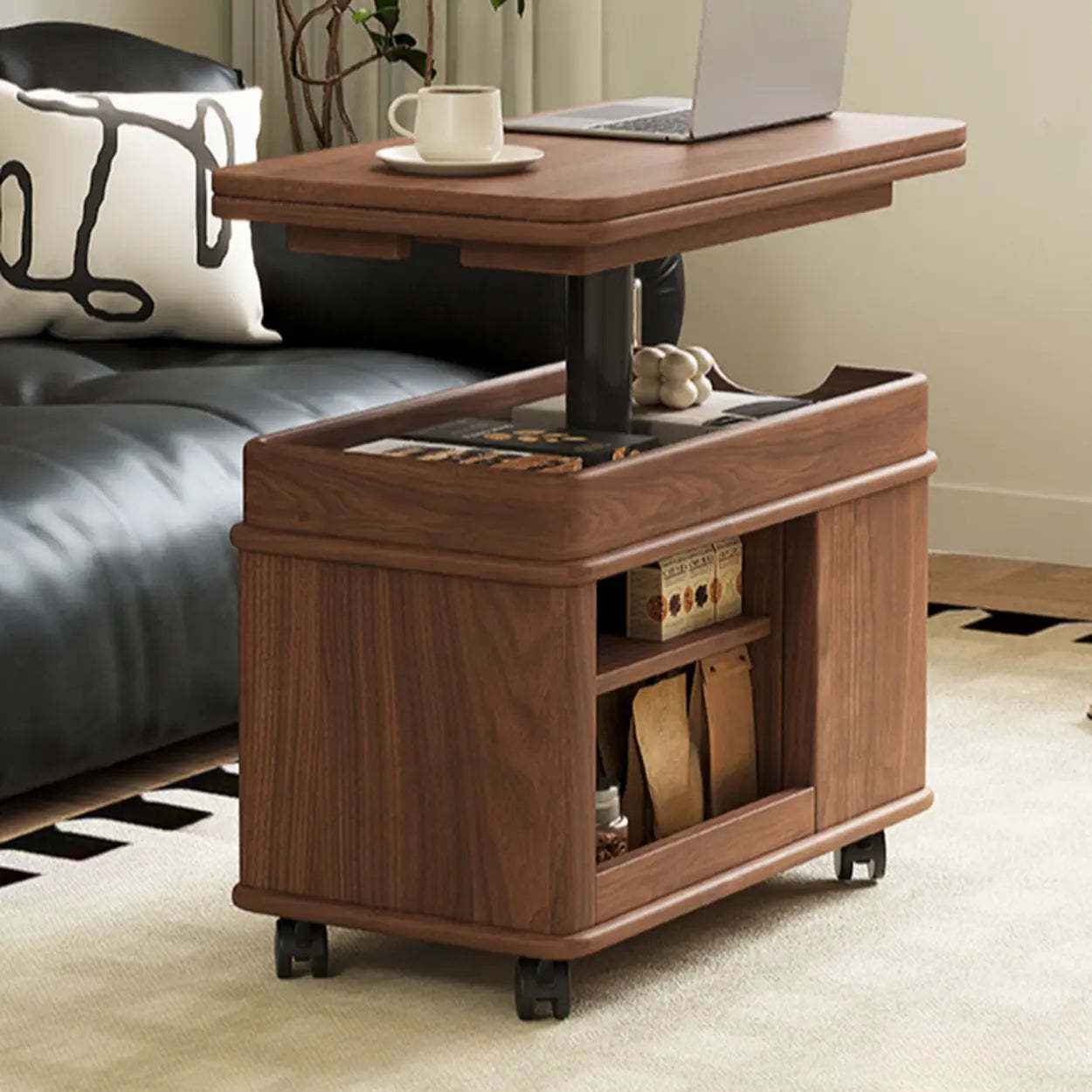Scandinavian Adjustable Brown Wood Mobile Side Table