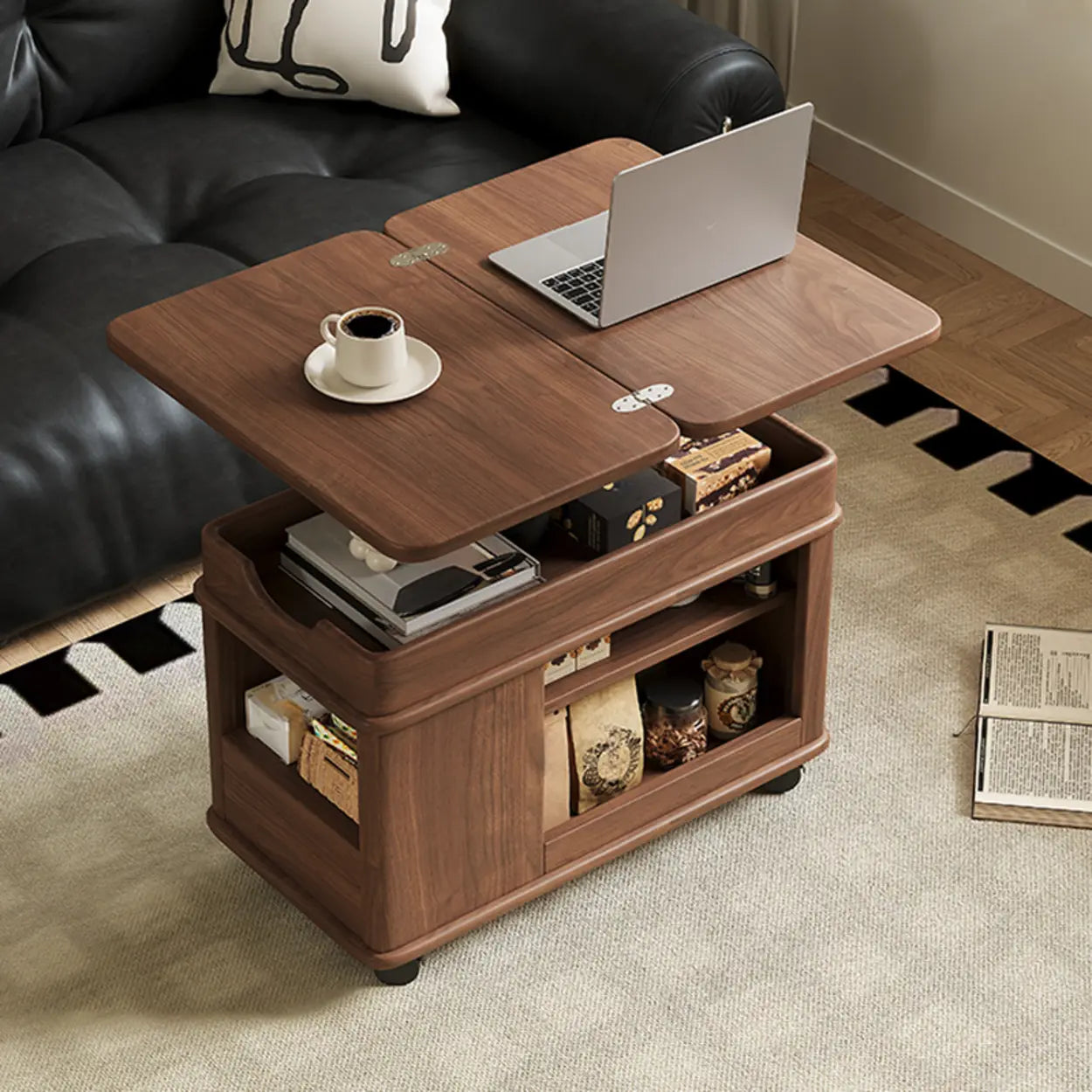 Scandinavian Adjustable Brown Wood Mobile Side Table
