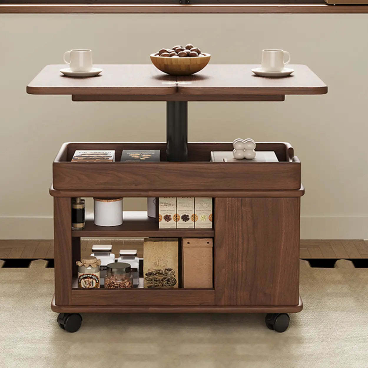 Scandinavian Adjustable Brown Wood Mobile Side Table