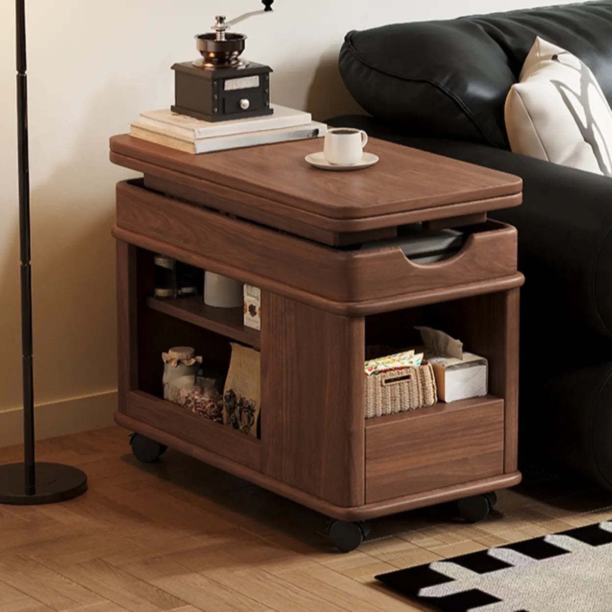 Scandinavian Adjustable Brown Wood Mobile Side Table