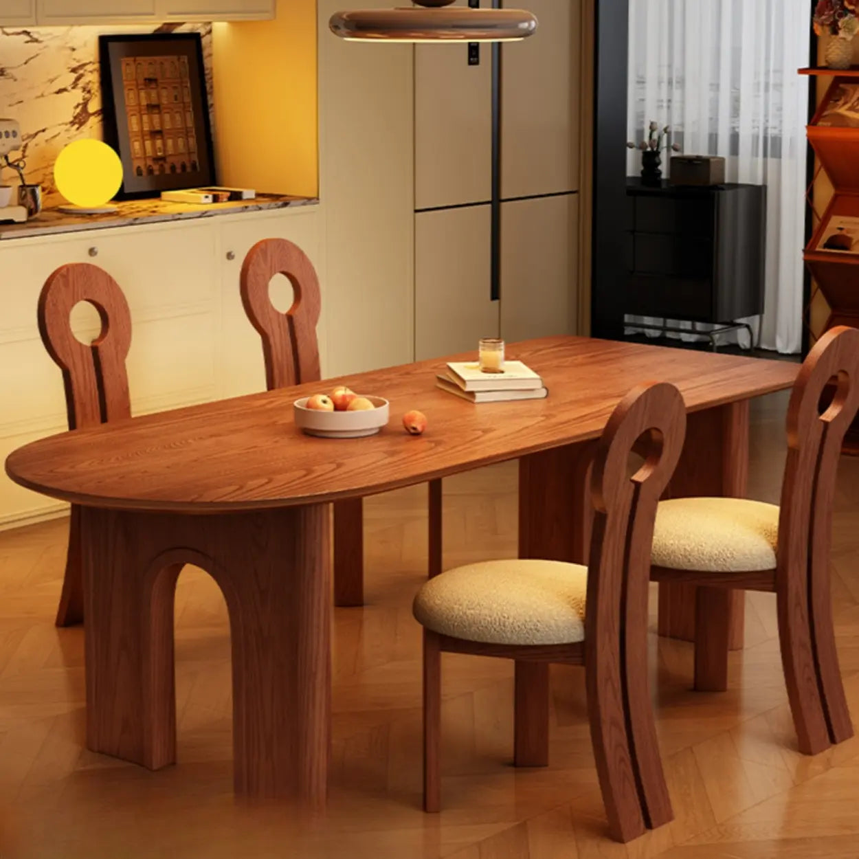 Scandinavian Brown Wood Arch-Leg Oval Dining Table