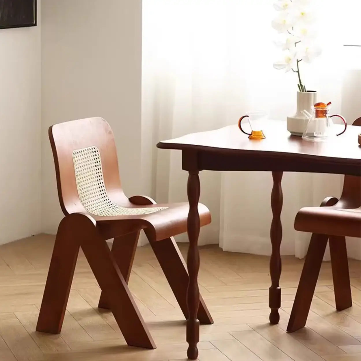 Scandinavian Armless Wood Rattan Slat-Back Dining Chair — Wood Color