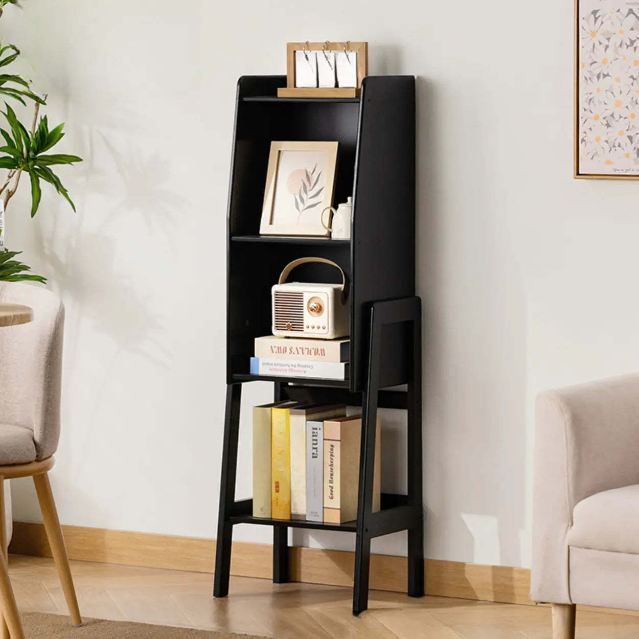Lighom modern high legs bamboo bookcases — 15" L x 11" W x 45" H / Black