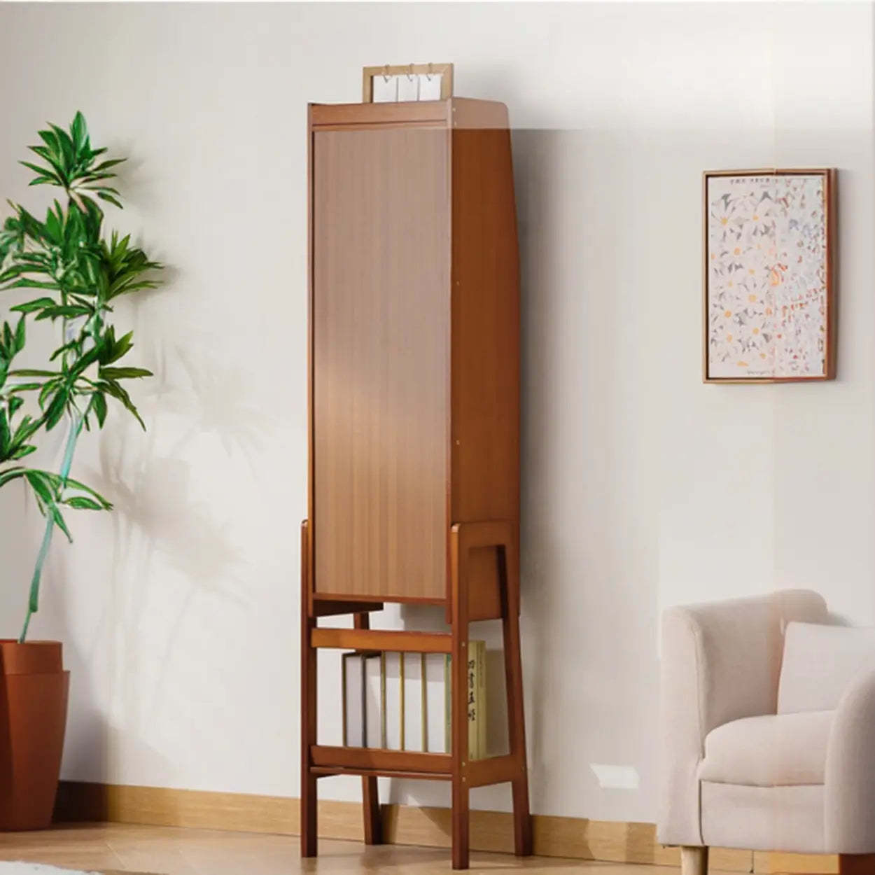Scandinavian Bamboo Bookshelf with High Legs — Tan