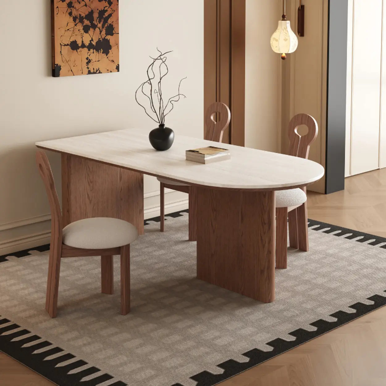 Scandinavian Beige Oval Stone Wood Pedestal Dining Table
