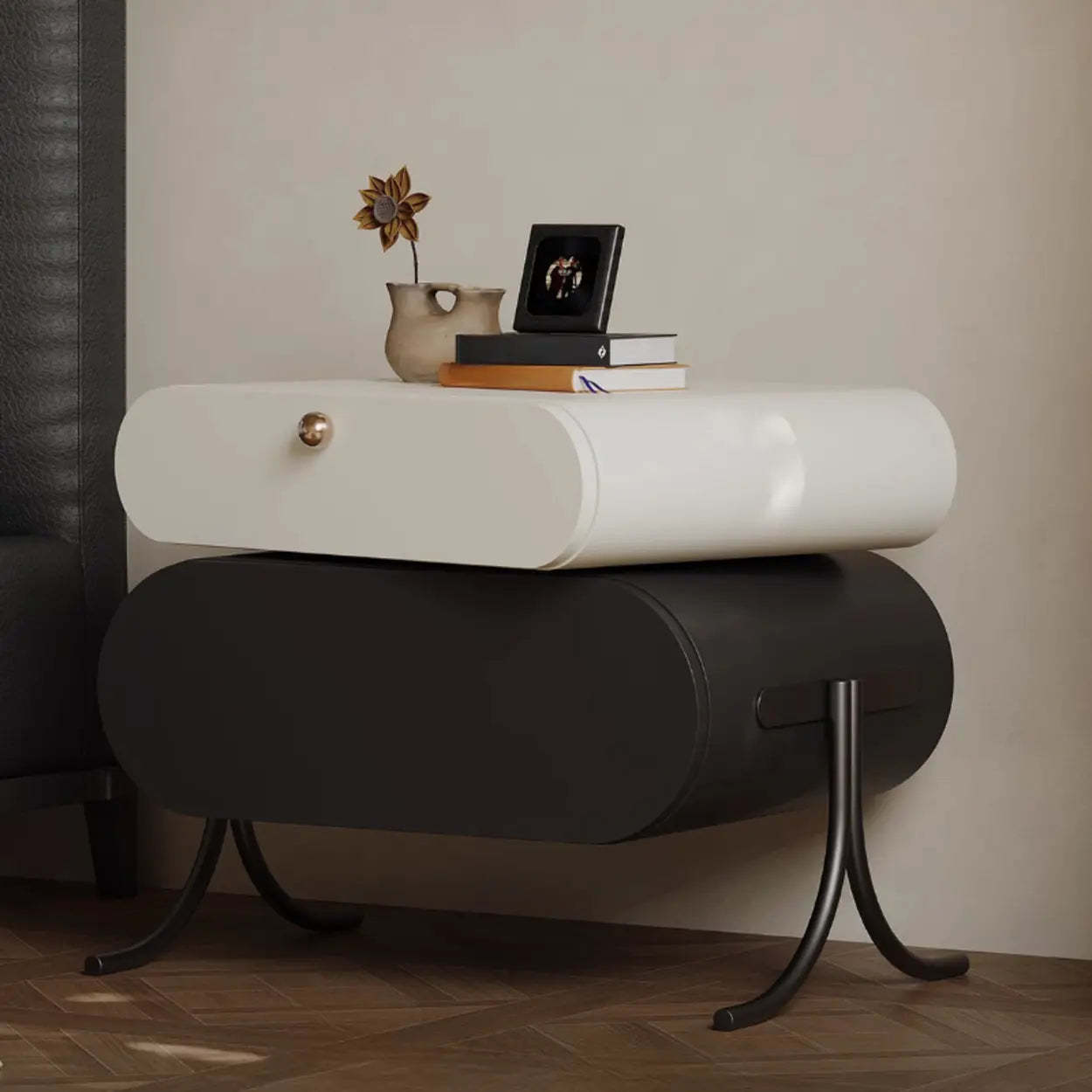 Scandinavian Black White Oval Nightstand