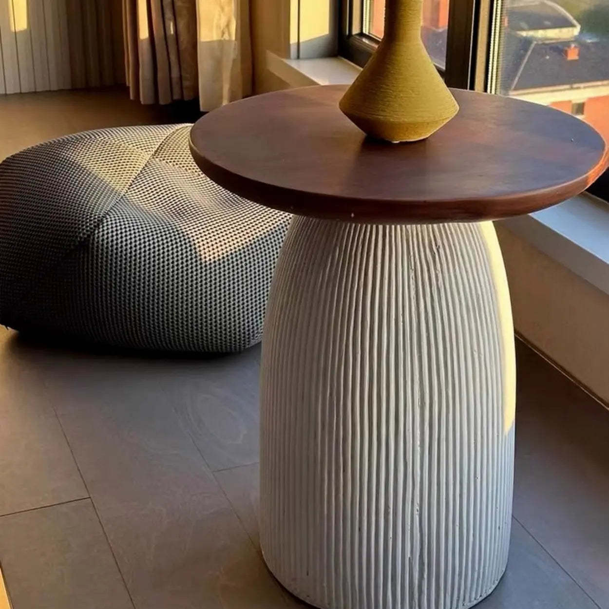 Scandinavian Brown Round Wood White Pedestal Side Table