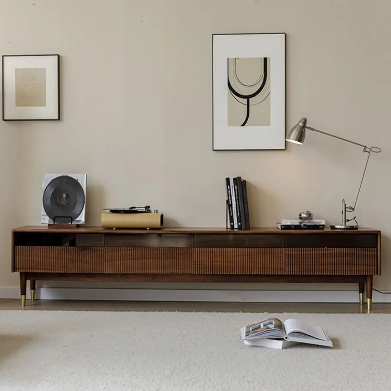Scandinavian Brown Walnut Long TV Stand with Drawers