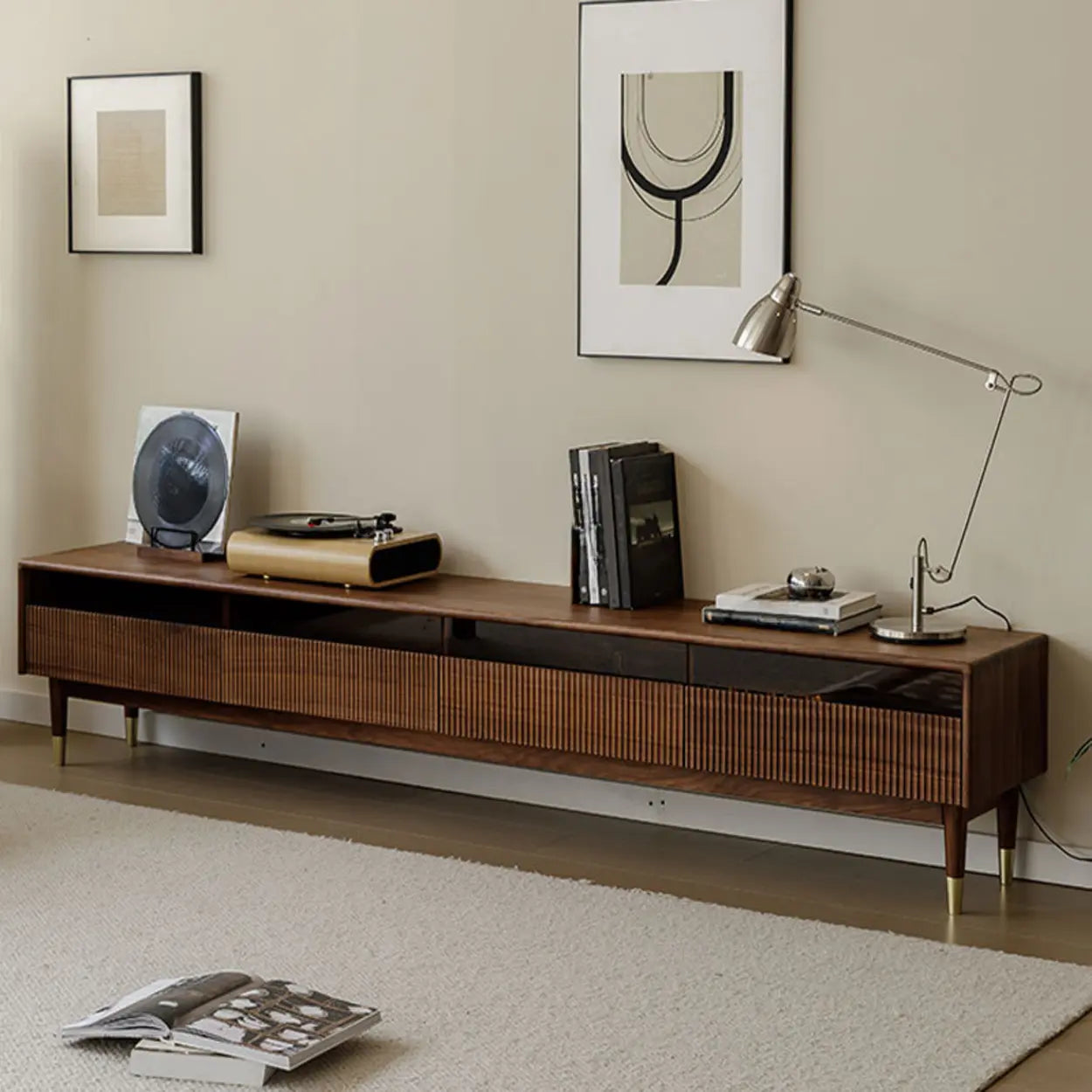 Scandinavian Brown Walnut Long TV Stand with Drawers — Walnut