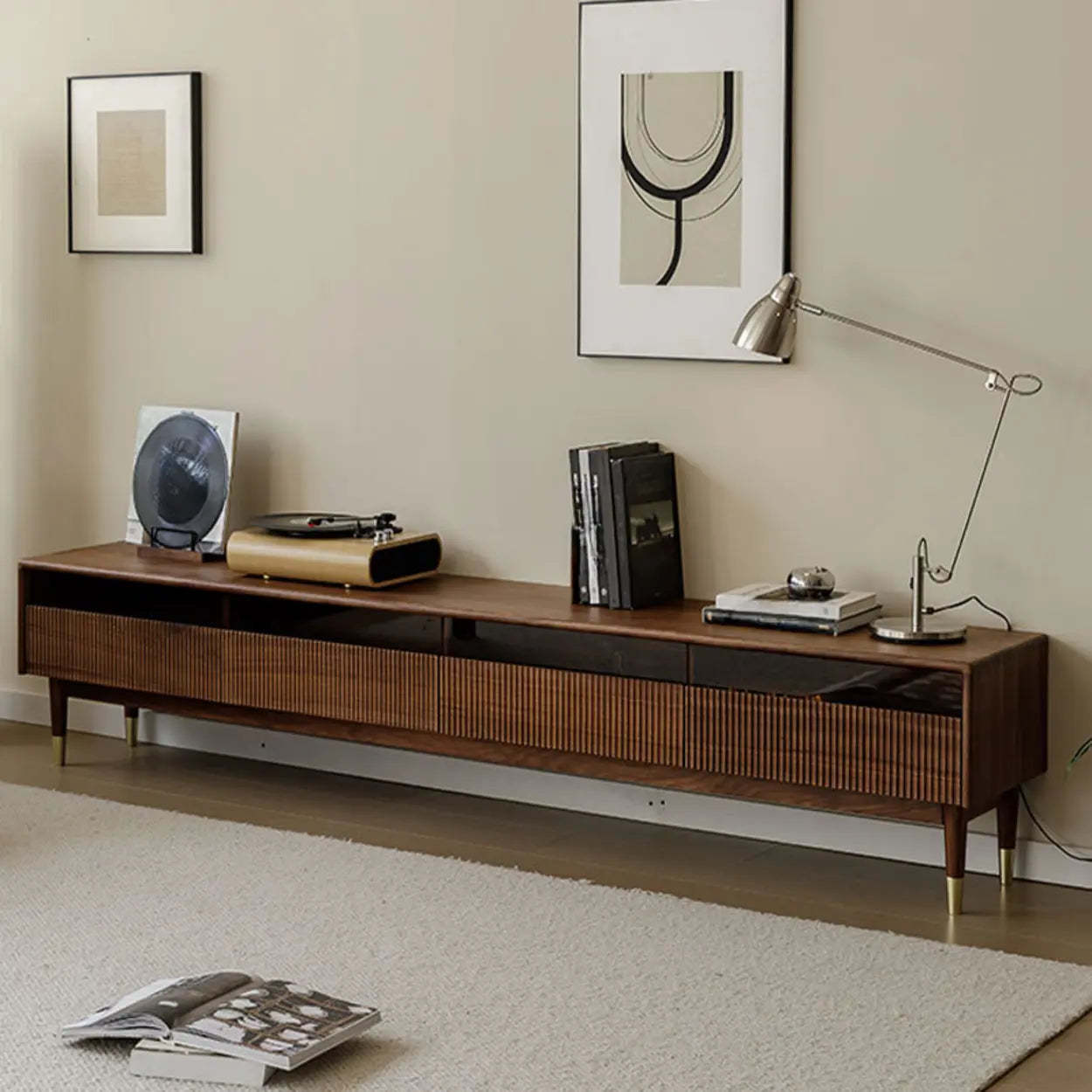 Scandinavian Brown Walnut Long TV Stand with Drawers — Walnut
