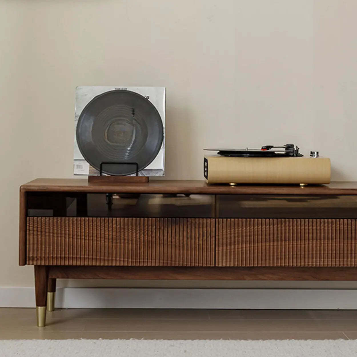 Scandinavian Brown Walnut Long TV Stand with Drawers