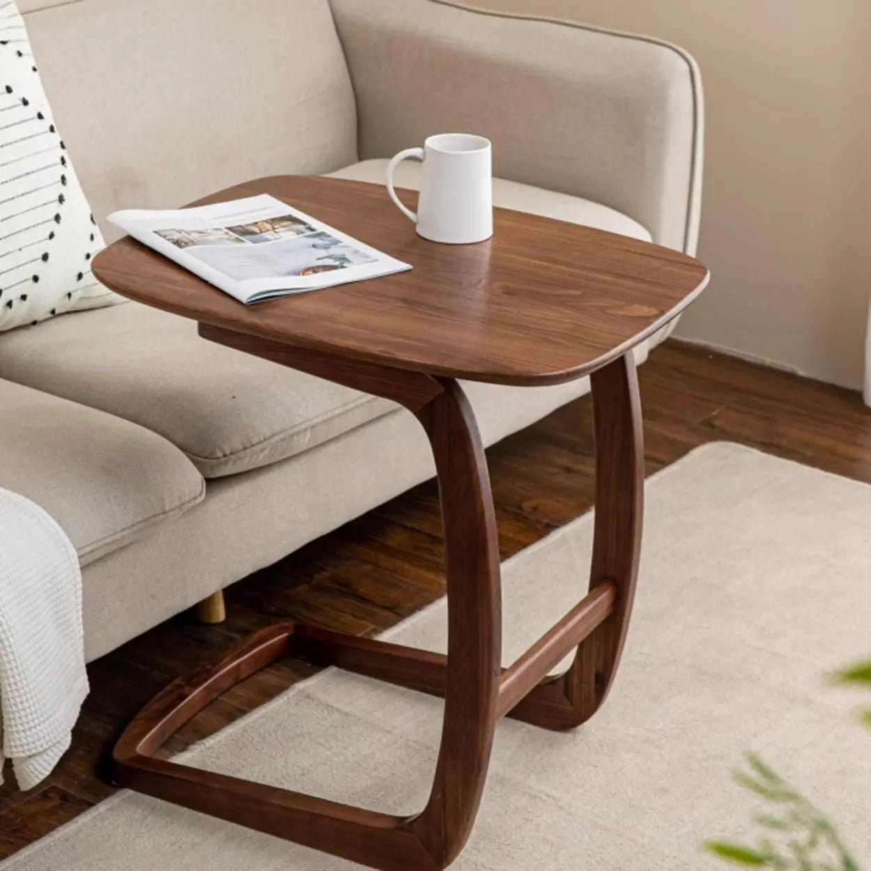 Scandinavian Brown Wood C-Shaped Chairside Table — Nut-Brown